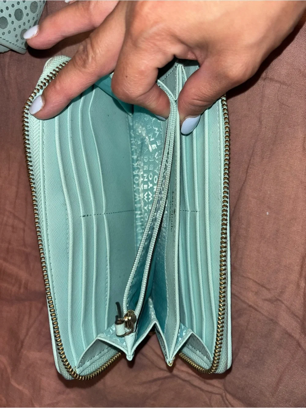 kate spade mint perforated tote with matching zip wallet